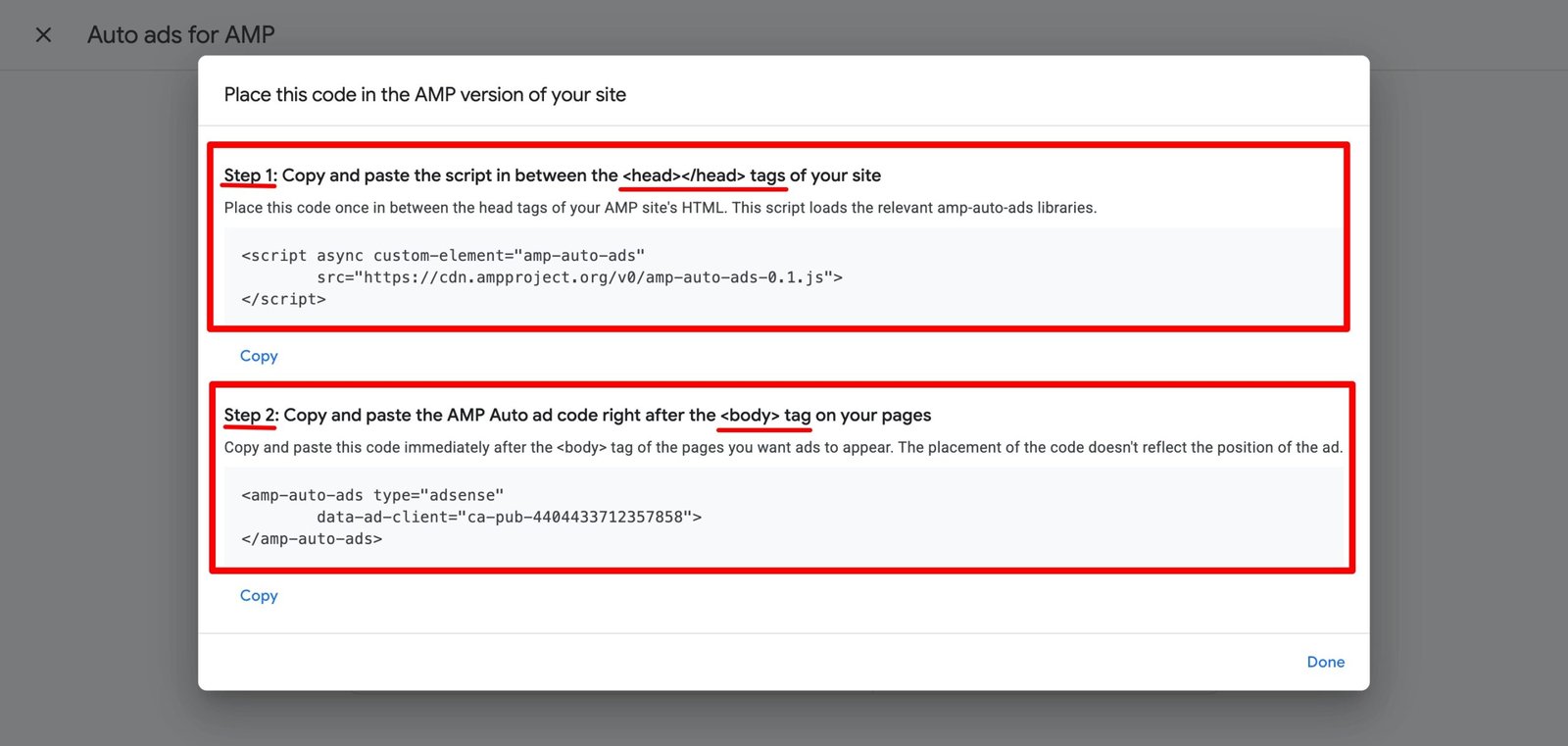 Set up Auto ads and implements codes for AMP