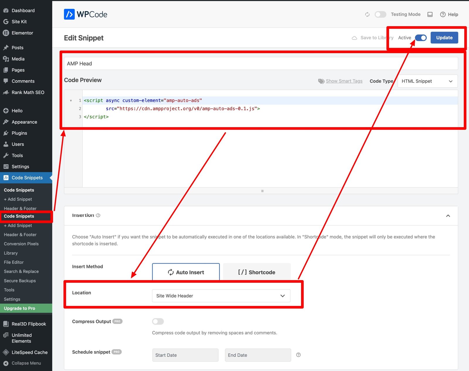 Step-by-step process using WPCode → Add Snippet to correctly place AMP Auto Ads code